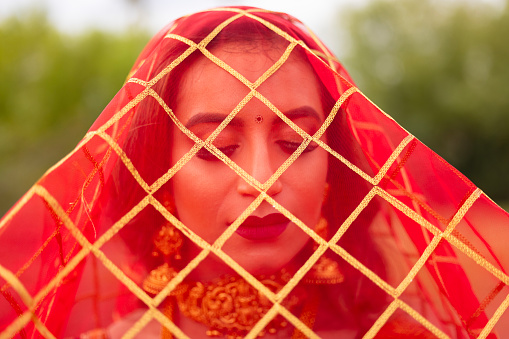 A beautiful Indian Bride wearing a traditional saree outdoors.