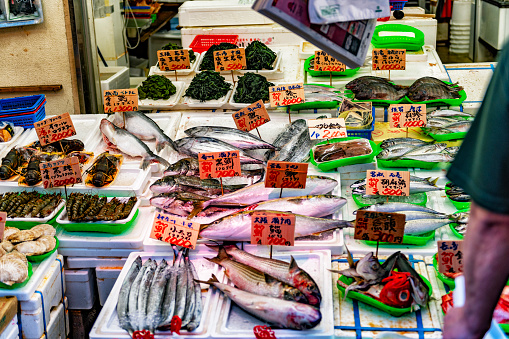 Fish on a stall in a street market in Tokyo, Japan