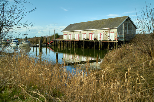 The historic net shed building in Scotch Pond, Steveston, British Columbia.