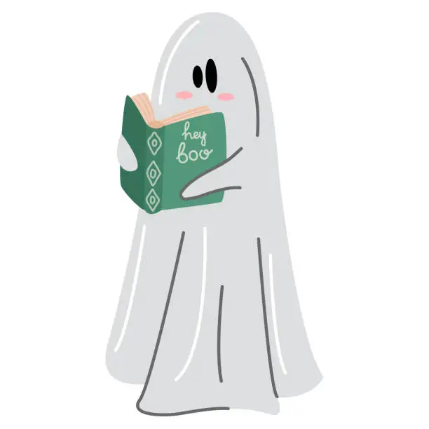Vector illustration of Halloween ghost read book. Cute halloween character.Halloween decorations.