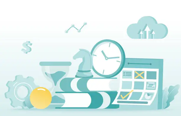 Vector illustration of Elements of time management, meeting, agenda, assignment work, planning investment.