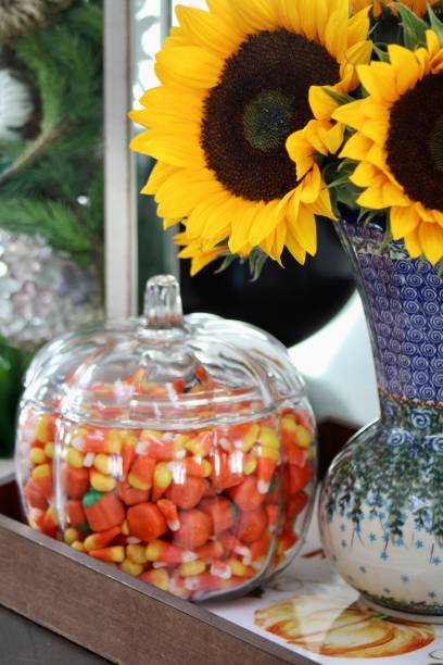 espositore da tavolo autunnale - candy halloween candy corn jar foto e immagini stock