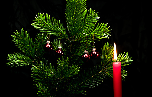 Small Christmas tree balls on a fir tree against a black background and a candle