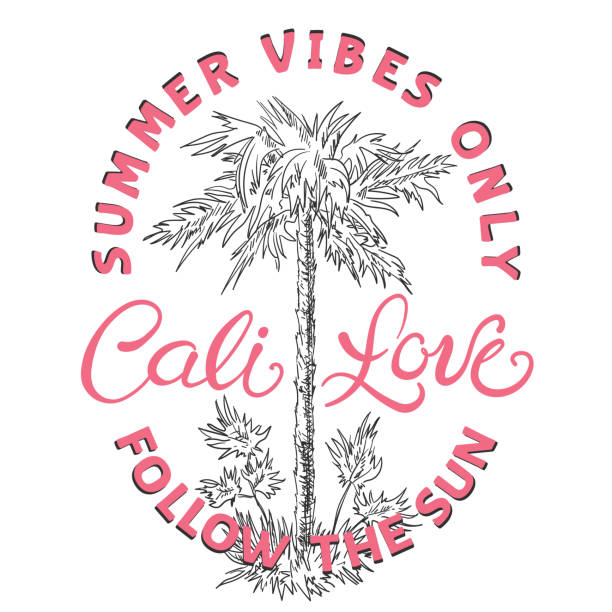 ヤシの木のスケッチ、カリフォルニア愛のスローガンテキスト - text surfing surf palm tree点のイラスト素材／クリップアート素材／マンガ素材／アイコン素材