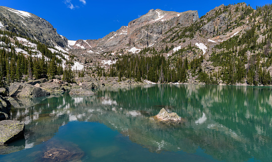 A panoramic view of colorful Lake Haiyaha on a calm and sunny Summer morning. Rocky Mountain National Park, Colorado, USA.