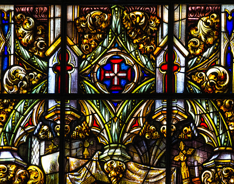Lisbon,  Portugal - July 22, 2023:  Vitrage window. Interior of church in Monastery of Jeronimos