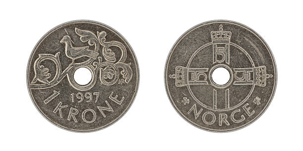 istock Single used Norwegian Kroner coin isolated on white, both sides 163638624