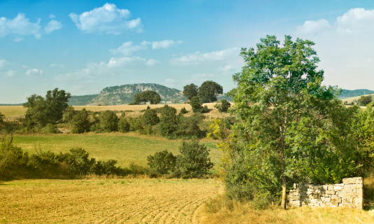 **Stitched panorama** Moors landscape, showing the Larzac plateau in the background, Aveyron, Midi=-Pyrenees, south of France. Taken from the medieval Templar village of St Jean d'Alcas.