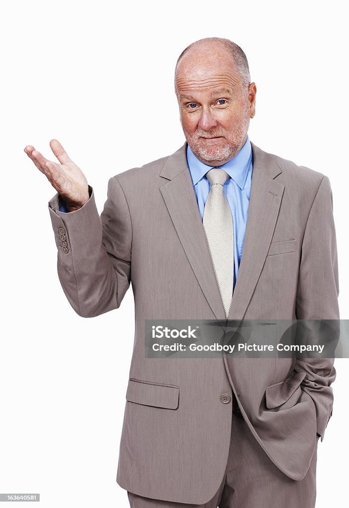 Homme d'affaires intrigué à bon droit gestes de la main - Photo de Adulte libre de droits
