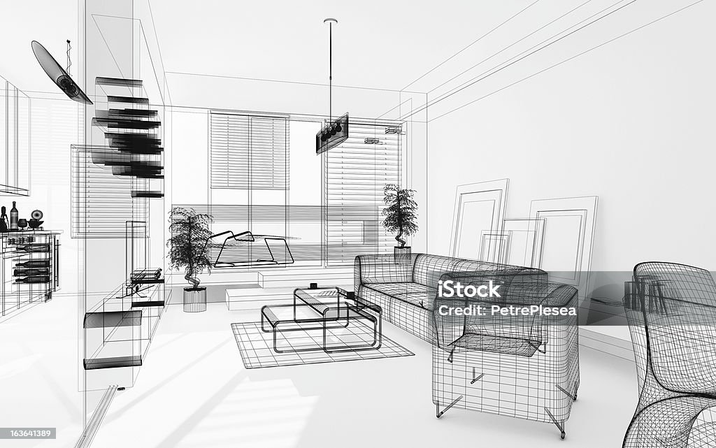 Wireframe 3D interni moderni. Cianografia. Immagine di rendering. Architettura astratta. - Foto stock royalty-free di Progetto