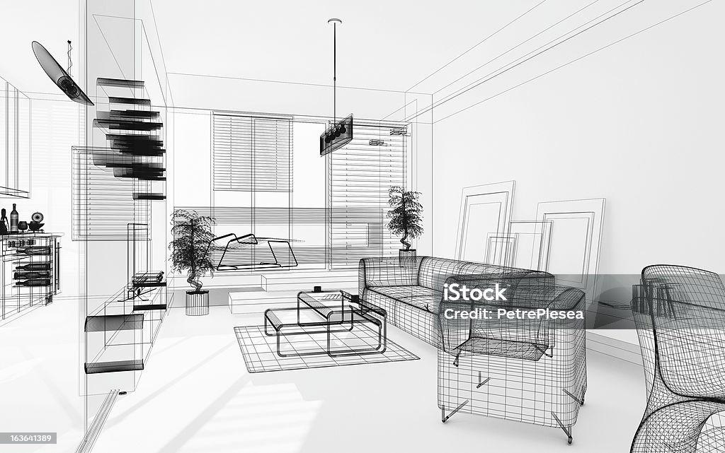 Wireframe 3d Modern Interior Blueprint Render Image Architecture ...