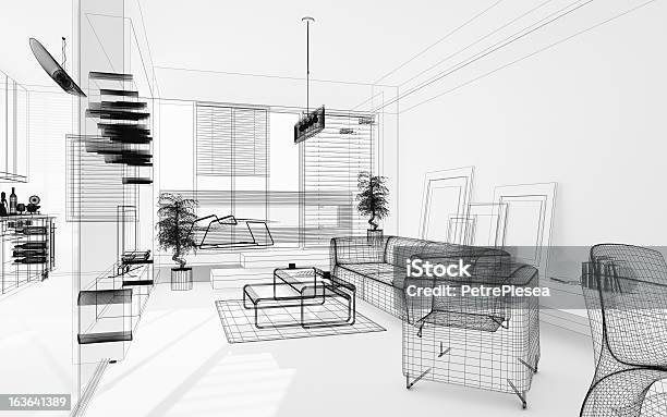 3d Interior Moderno Em Modelo De Arames Cópia Heliográfica Desenhar A Imagem Abstratos De Arquitetura - Fotografias de stock e mais imagens de Plano - Documento