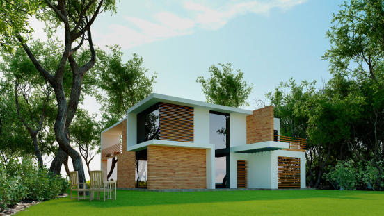 3D Model of a Modern House in the Forest. Architecture Abstract.