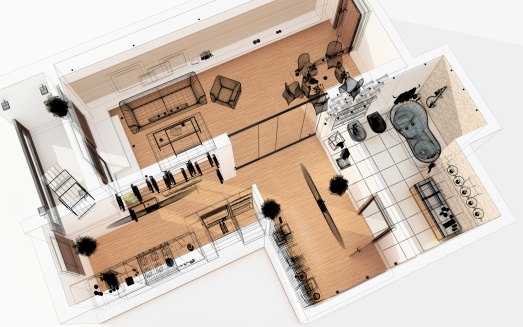 3D Wireframe Top View of Modern Apartment. Planning. Architecture Abstract. Wireframe Rendering. 