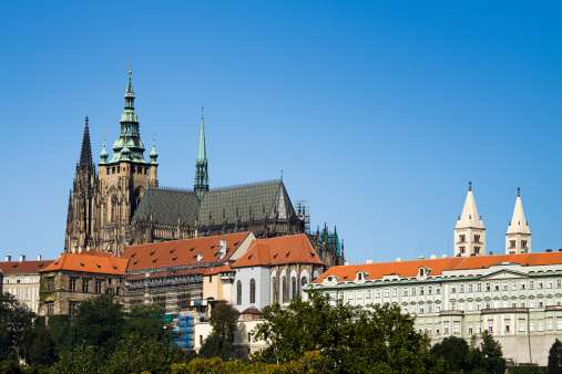 View of Saint Vitus Cathedral in Prague. This beautiful Gothic cathedral dominates the skyline in the popular tourist destination of the Czech Republic.