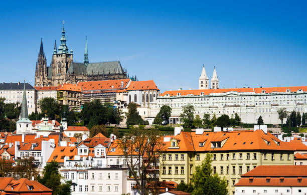 Prague castle,  Hradcany and St. Vitus Cathedral above the old city buildings.