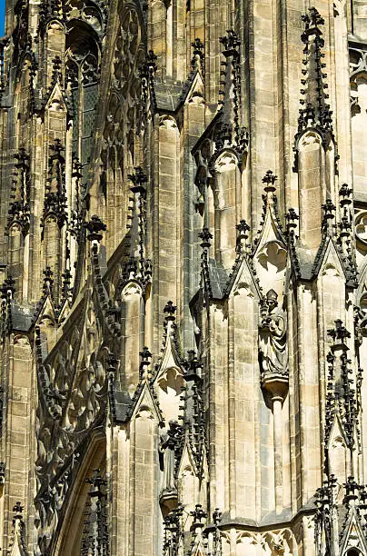 Details of one of the towers of St. Vitus Cathedral in Prague, Czech Republic. St. Vitus is a Gothic, catholic cathedral in the Prague castle complex.