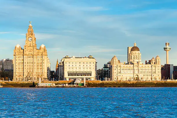 The three graces of Liverpool. The Royal Liver Building, Cunard Building and Port of Liverpool Building at pierhead.