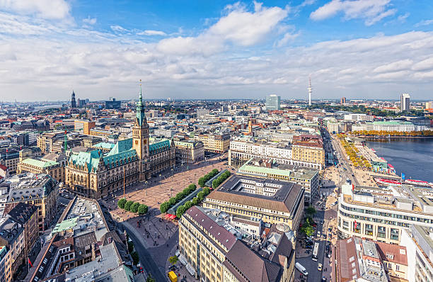 Hamburg Aerial panoramic view on Hamburg´s landmarks -- the harbour, the St. Michaelis Church, the Town Hall, TV Tover and Inner Alster -- on beautiful early autumn day. hamburg germany photos stock pictures, royalty-free photos & images