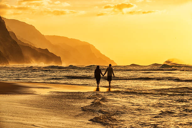 silhouette de couple à la plage - hawaii islands mountain kauai sea photos et images de collection