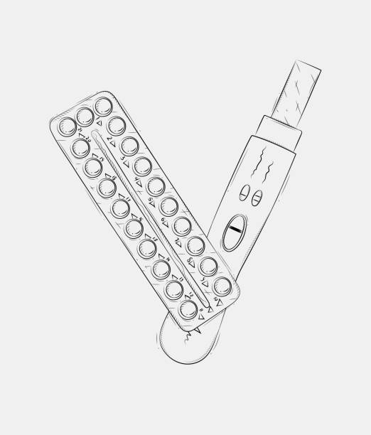 ilustrações de stock, clip art, desenhos animados e ícones de composition of pregnancy or ovulation test and birth control pills grey - condom sex education contraceptive aids