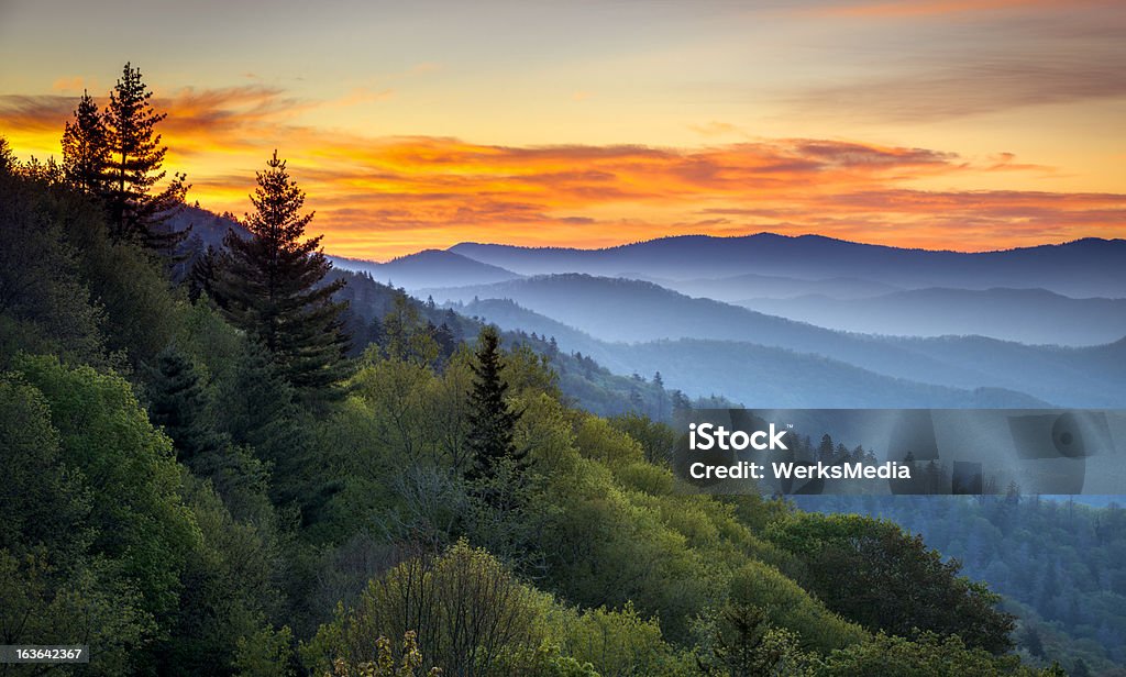 Great Smoky Mountains National Park Scenic Sunrise Landscape at Oconaluftee Great Smoky Mountains National Park Scenic Sunrise Landscape at Oconaluftee Overlook between Cherokee NC and Gatlinburg TN Great Smoky Mountains National Park Stock Photo