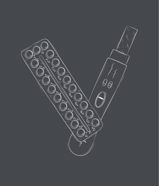 ilustrações de stock, clip art, desenhos animados e ícones de composition of pregnancy or ovulation test and birth control pills black - condom sex education contraceptive aids
