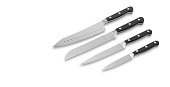 Stainless steel kitchen knives set on white background, space for a text
