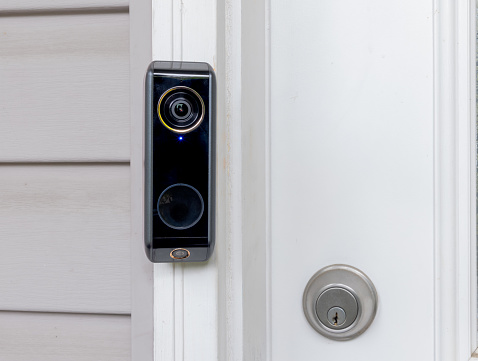 A Smart doorbell with an intercom and double camera at a residencial home entrance.