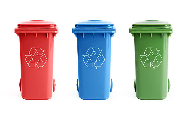 Three recycle bins Three colorful recycle bins isolated on white background recycle symbol cut out stock pictures, royalty-free photos & images
