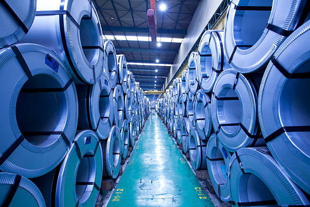 istock Hot rolled strip steel products in a warehouse 163649000