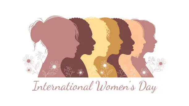 Vector illustration of Silhouette women different nationalities and flowers
