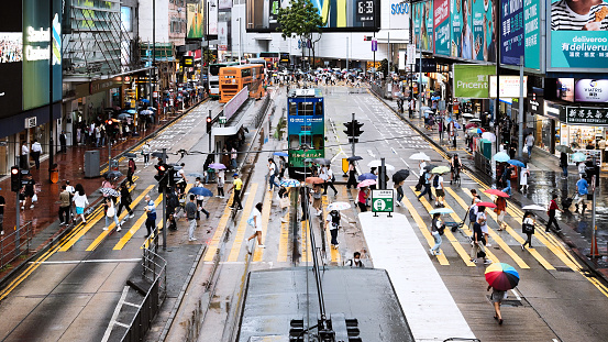 Chinese people, Asian traveler walk cross zebra crossing at Causeway Bay, Hong Kong shopping district on rainy day. Tram, bus, car traffic transportation. Asia transport city life, Hongkong tourism
