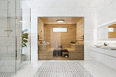 Wooden Sauna In Luxury Modern Bathroom