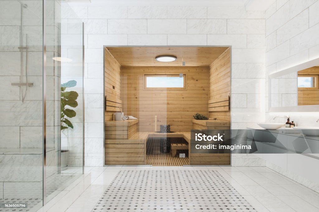 Wooden Sauna In Luxury Modern Bathroom Wooden sauna in a modern luxurious bathroom. Bathroom Stock Photo