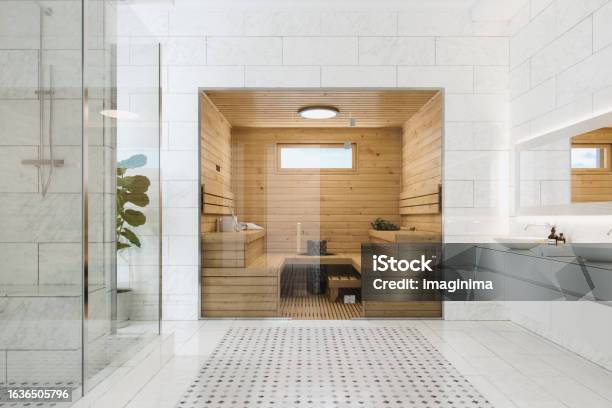 Wooden Sauna In Luxury Modern Bathroom Stock Photo - Download Image Now - Bathroom, Sauna, Tile