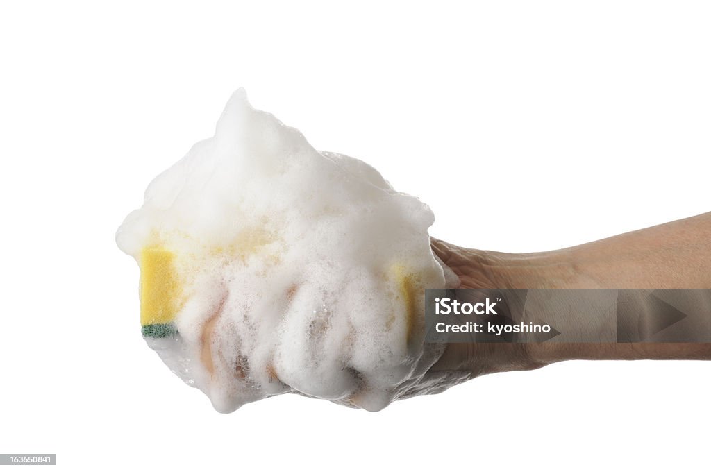 絶縁 soapy 黄色カイメンのショットを白背景 - せっけんの泡のロイヤリティフリーストックフォト