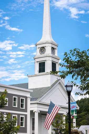 Historic church with American flag in the foreground