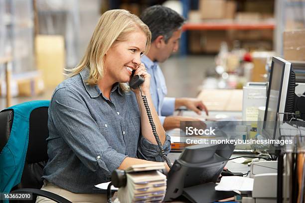 Businesswoman Working At Desk In Warehouse Stock Photo - Download Image Now - Office, Warehouse, Telephone