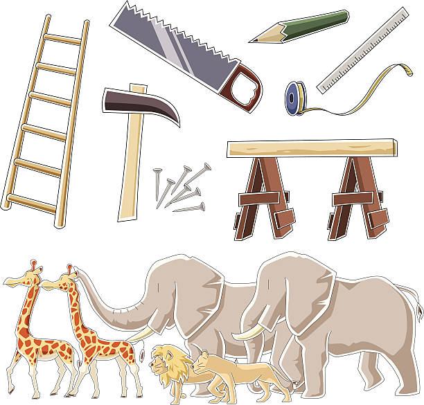 illustrazioni stock, clip art, cartoni animati e icone di tendenza di strumenti e animali di arca di noè - ark cartoon noah animal