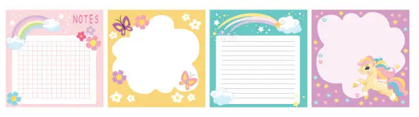 Vector illustration of Cute unicorn note pages ptintable template vector set