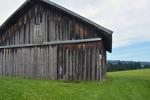 Old vintage rustic barn or shed on green grass lawn. Picturesque nature and architecture outside the city