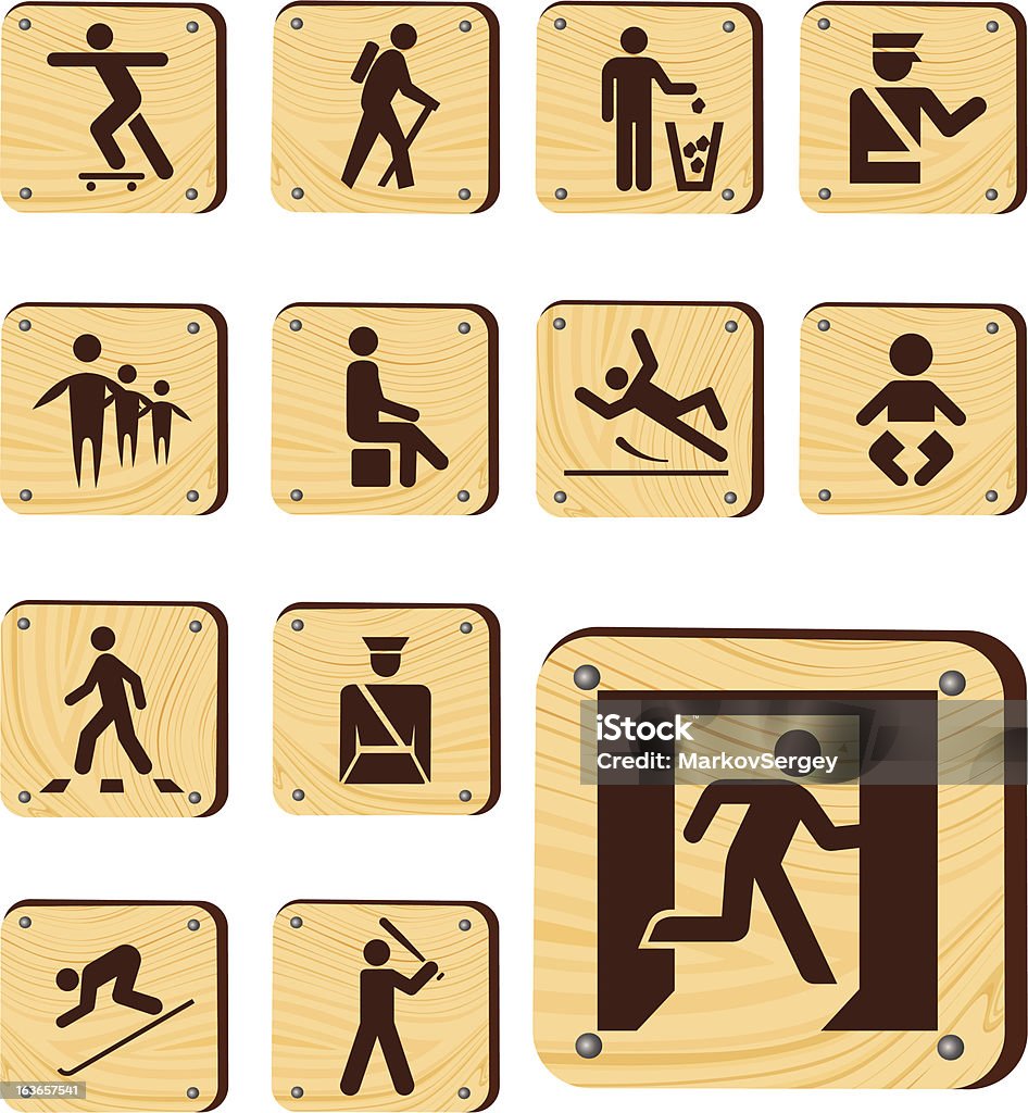 Zestaw drewniane przyciski z pictographs ludzi - Grafika wektorowa royalty-free (CMYK)