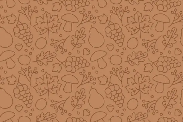 Vector illustration of autumn seamless pattern with leaves, hazelnuts, grapes, pears, plums, and mushrooms