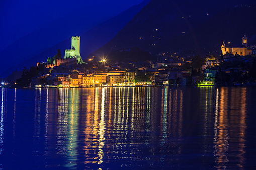Beautiful image of Malcesine in a spring night. Malcesine is one of the most visited and fascinating towns on the shores of Lake Garda, with a splendid manor situated in a magnificent position on a rocky outcrop overlooking the lake. Italy. 