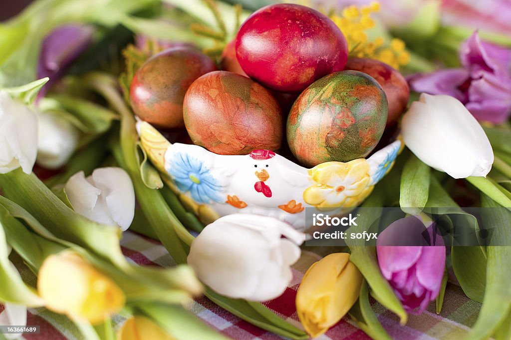 Ostern Eier und Tulpen - Lizenzfrei Blume Stock-Foto