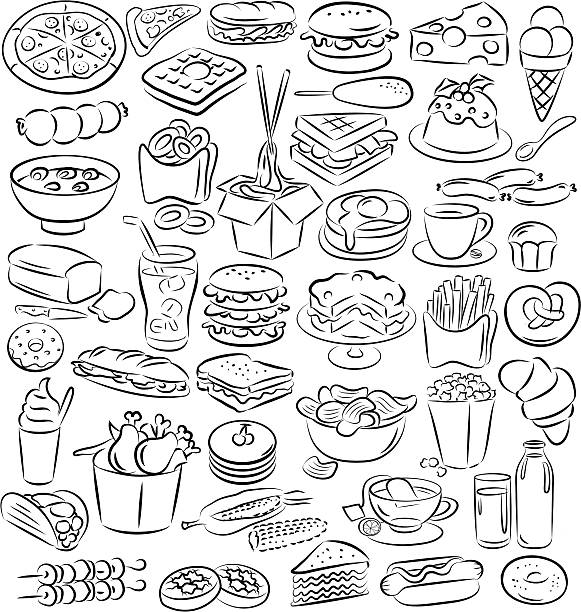 ilustraciones, imágenes clip art, dibujos animados e iconos de stock de alimentos y bebidas - hamburger refreshment hot dog bun
