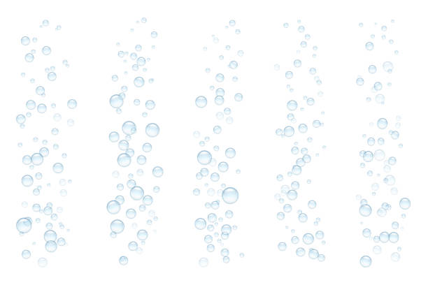 Sparkling water in transparent glass with fizzing effect and bubbled stream. Realistic blue bulb bleb circles of air. Vitamin capsule dissolved in aqua beverage, releasing vapor and motion of spheres. Sparkling water in transparent glass with fizzing effect and bubbled stream. Realistic blue bulb bleb circles of air. Vitamin capsule dissolved in aqua beverage, releasing vapor and motion of spheres spume stock illustrations