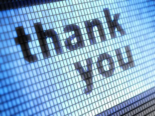 "Thank you" on a screen. More&gt;&gt;