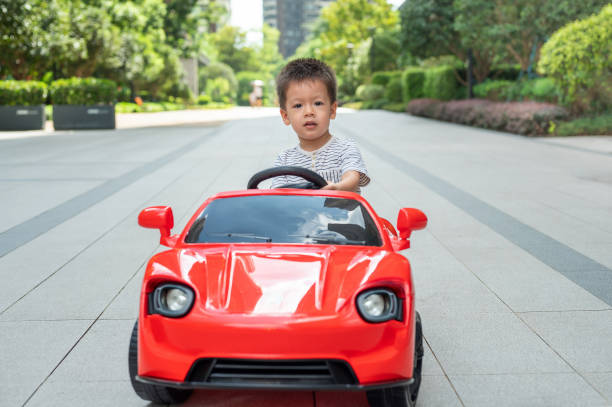 Toy car on a parquet floor. 3d illustration.